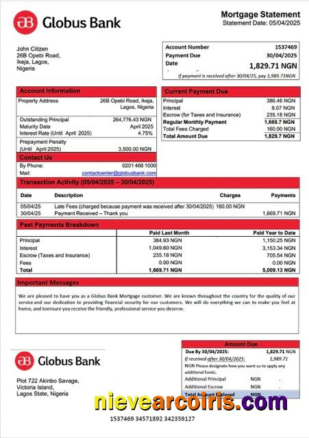 Nigeria Globus Bank mortgage statement Word and PDF template